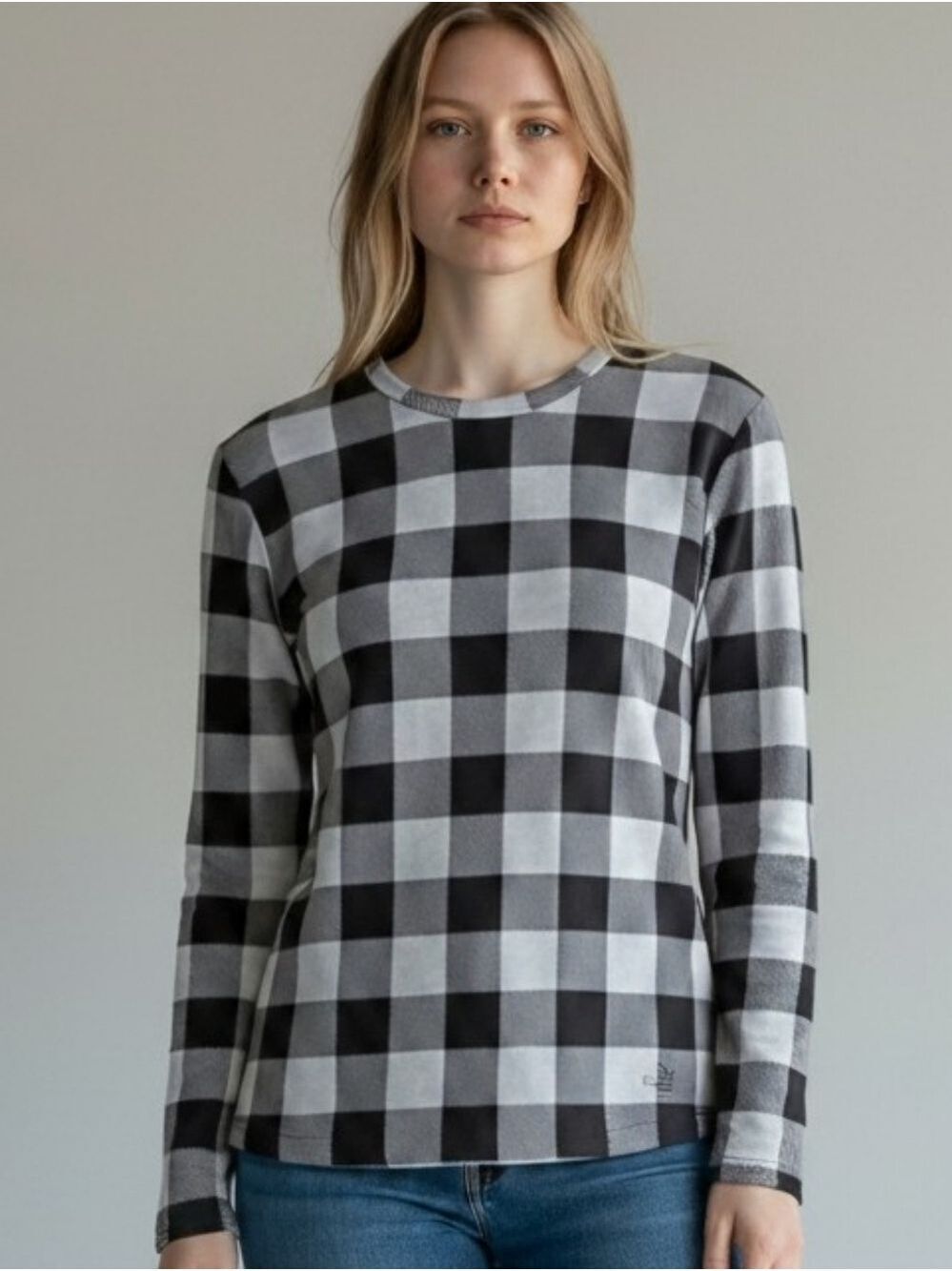 Cuddl Duds Black White Plaid Long Sleeve Top #PJ7